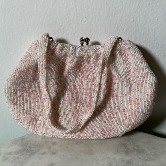 Handbags - Vintage Made in Japan Glass Beaded Hand Bag - Pink & White